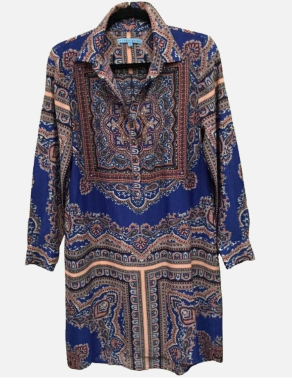 Antonio Melanio Women Size 4 Shift Dress Half Button Blue Peach Coral Polyester